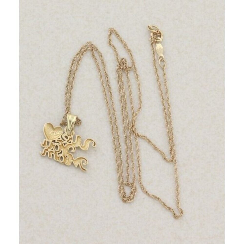 14k Yellow Gold We Love You Mom Heart Necklace 18" Chain - Picture 7 of 7